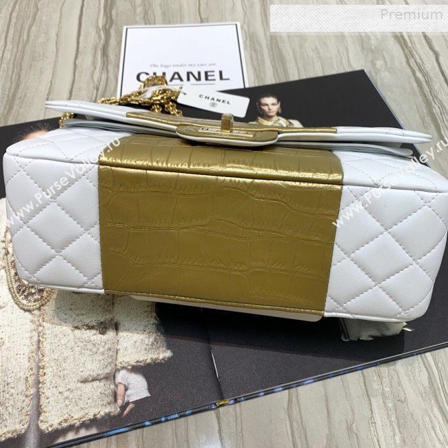 Chanel Lambskin and Crocodile Embossed Calfskin Medium 2.55 Flap Bag A37586 White/Gold 2019 (SSZ-9081715)