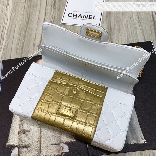 Chanel Lambskin and Crocodile Embossed Calfskin Medium 2.55 Flap Bag A37586 White/Gold 2019 (SSZ-9081715)