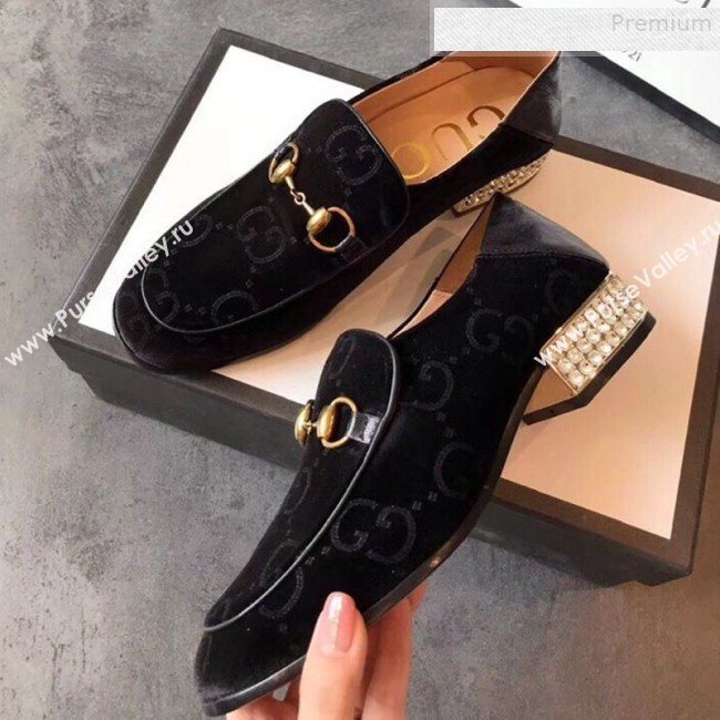 Gucci Horsebit GG Velvet Loafer with Crystals Heel 522698 Black 2019 (EM-9081546)