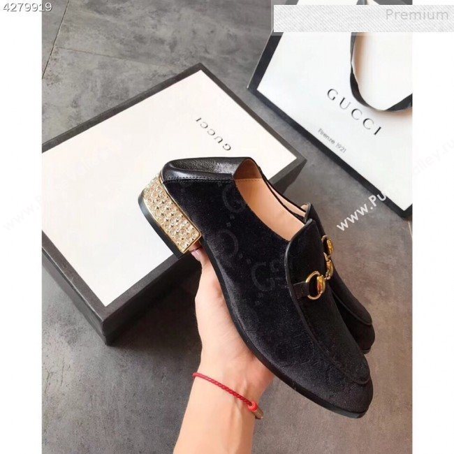 Gucci Horsebit GG Velvet Loafer with Crystals Heel 522698 Black 2019 (EM-9081546)