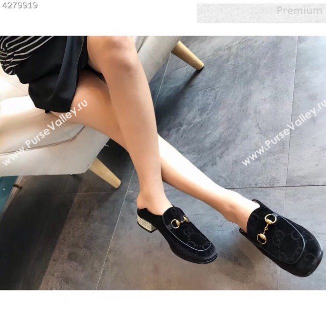 Gucci Horsebit GG Velvet Loafer with Crystals Heel 522698 Black 2019 (EM-9081546)