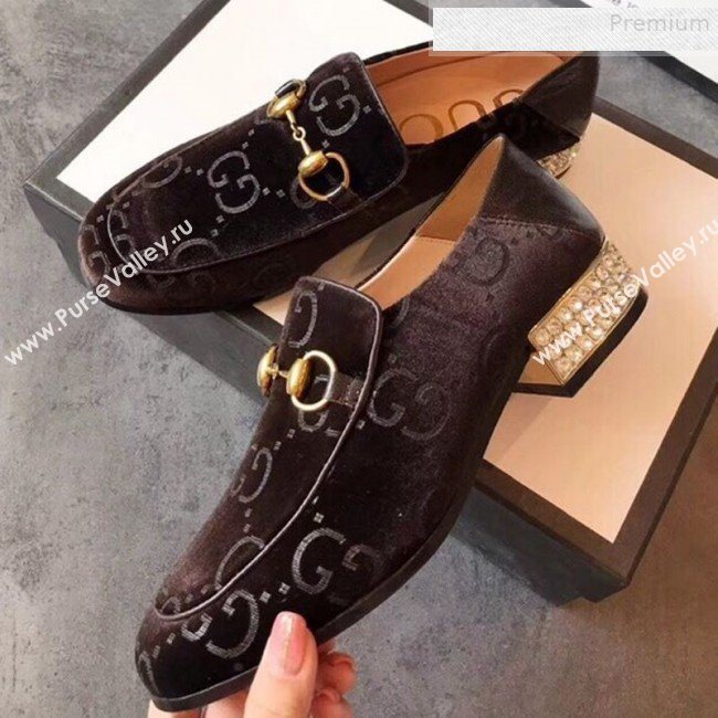 Gucci Horsebit GG Velvet Loafer with Crystals Heel 522698 Brown 2019 (EM-9081547)