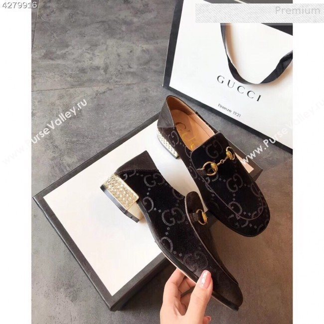 Gucci Horsebit GG Velvet Loafer with Crystals Heel 522698 Brown 2019 (EM-9081547)