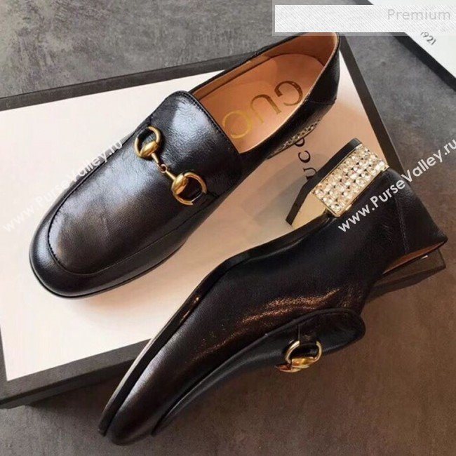 Gucci Horsebit Leather Loafer with Crystals Heel 523097 Black 2019 (EM-9081543)