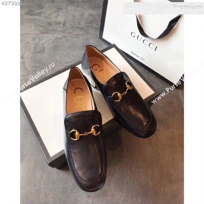 Gucci Horsebit Leather Loafer with Crystals Heel 523097 Black 2019 (EM-9081543)