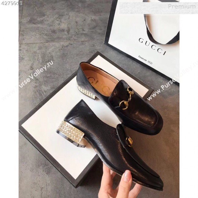 Gucci Horsebit Leather Loafer with Crystals Heel 523097 Black 2019 (EM-9081543)
