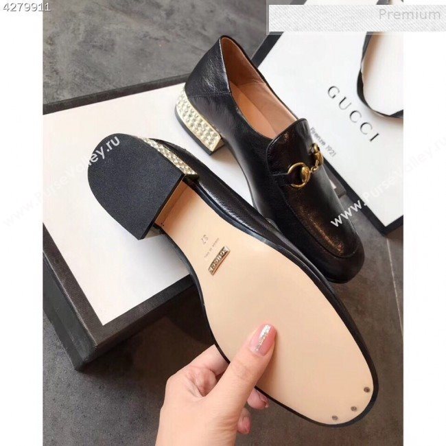 Gucci Horsebit Leather Loafer with Crystals Heel 523097 Black 2019 (EM-9081543)