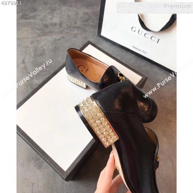 Gucci Horsebit Leather Loafer with Crystals Heel 523097 Black 2019 (EM-9081543)