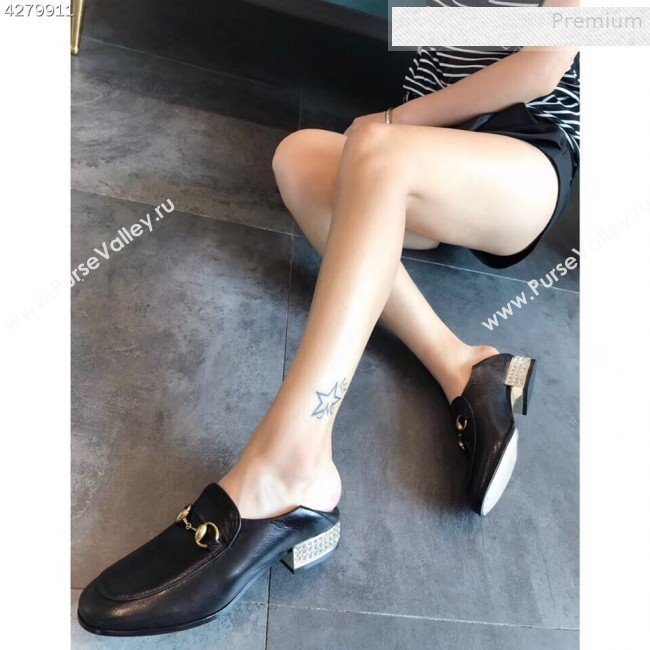 Gucci Horsebit Leather Loafer with Crystals Heel 523097 Black 2019 (EM-9081543)