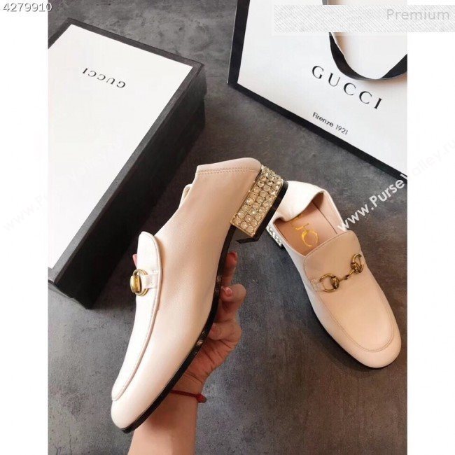 Gucci Horsebit Leather Loafer with Crystals Heel 523097 White 2019 (EM-9081544)