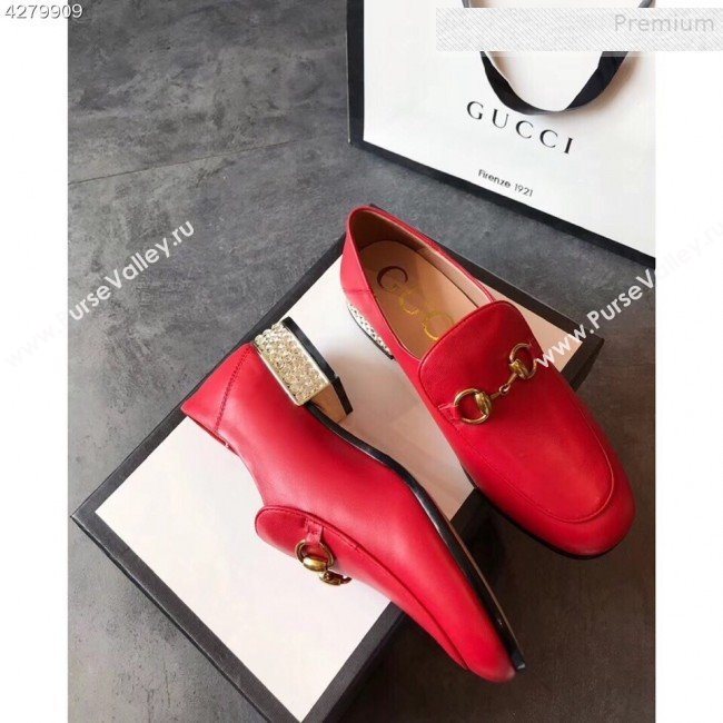 Gucci Horsebit Leather Loafer with Crystals Heel 523097 Red 2019 (EM-9081545)