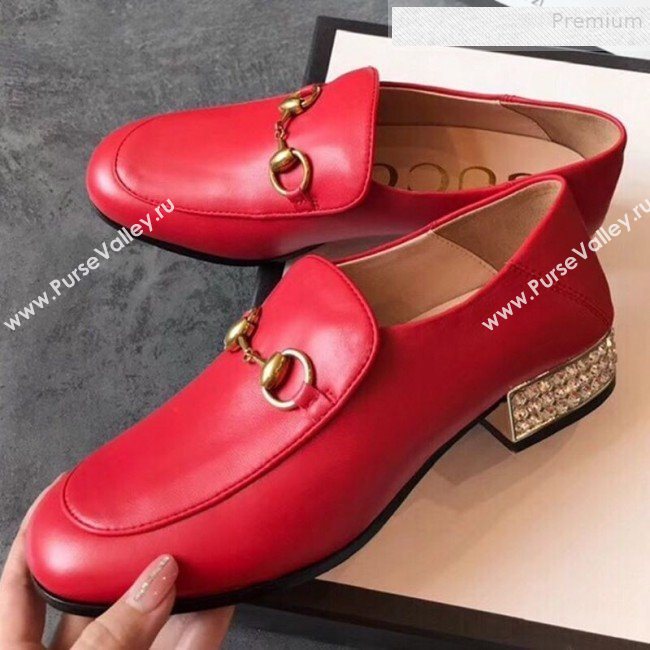 Gucci Horsebit Leather Loafer with Crystals Heel 523097 Red 2019 (EM-9081545)