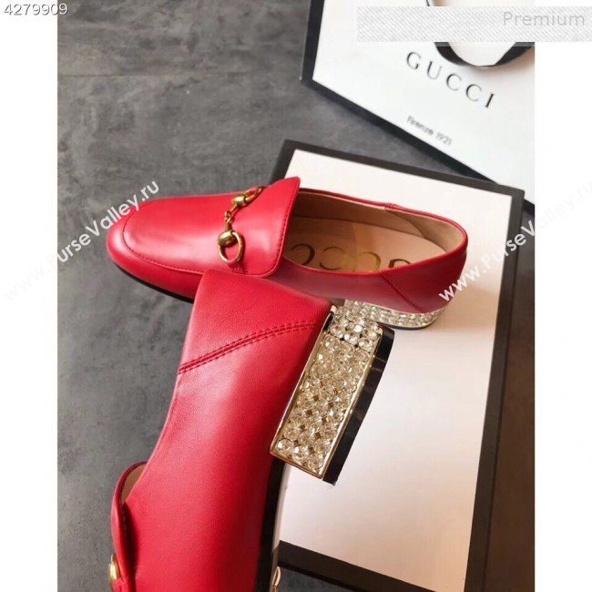 Gucci Horsebit Leather Loafer with Crystals Heel 523097 Red 2019 (EM-9081545)