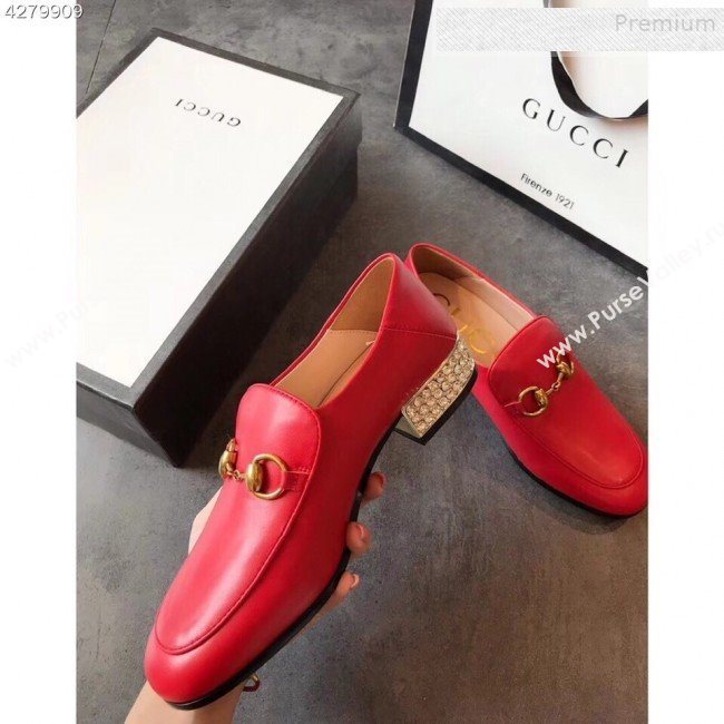 Gucci Horsebit Leather Loafer with Crystals Heel 523097 Red 2019 (EM-9081545)