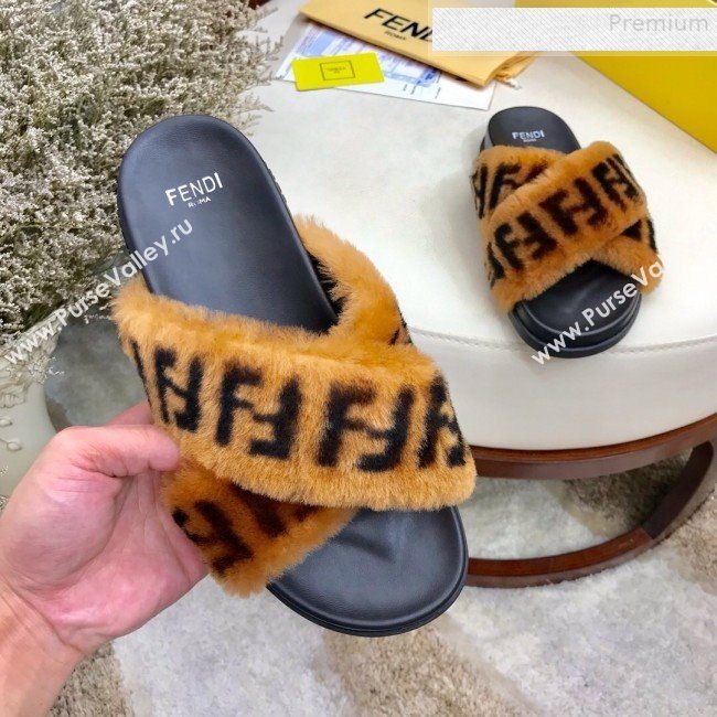 Fendi Logo Print Wool Fur Cross Flat Slide Sandals Brown 2019 (HAUNGZ-9081551)