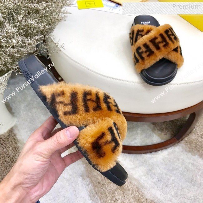 Fendi Logo Print Wool Fur Cross Flat Slide Sandals Brown 2019 (HAUNGZ-9081551)