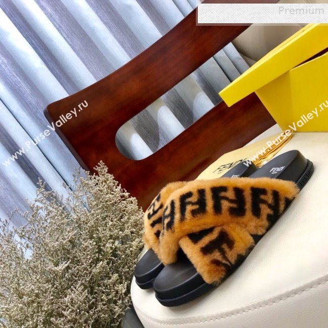 Fendi Logo Print Wool Fur Cross Flat Slide Sandals Brown 2019 (HAUNGZ-9081551)