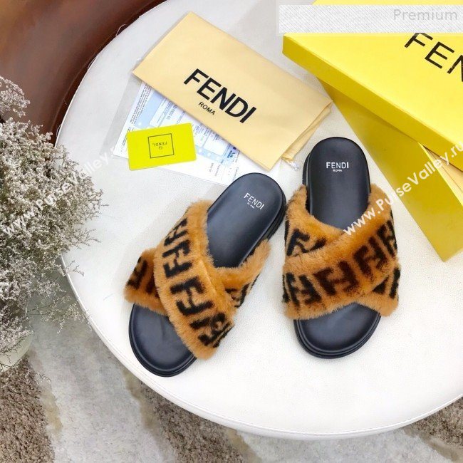 Fendi Logo Print Wool Fur Cross Flat Slide Sandals Brown 2019 (HAUNGZ-9081551)