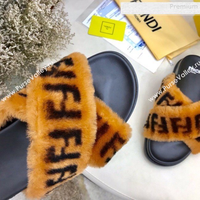 Fendi Logo Print Wool Fur Cross Flat Slide Sandals Brown 2019 (HAUNGZ-9081551)