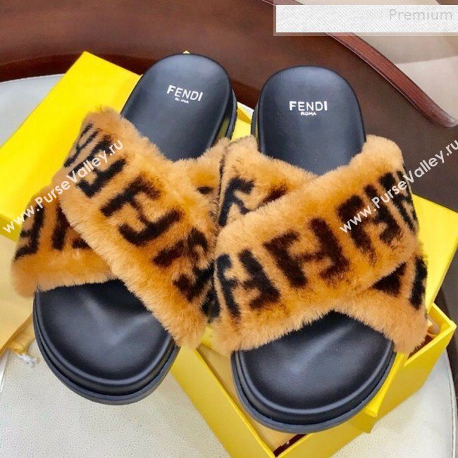 Fendi Logo Print Wool Fur Cross Flat Slide Sandals Brown 2019 (HAUNGZ-9081551)