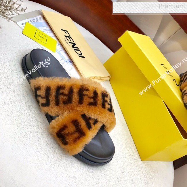 Fendi Logo Print Wool Fur Cross Flat Slide Sandals Brown 2019 (HAUNGZ-9081551)