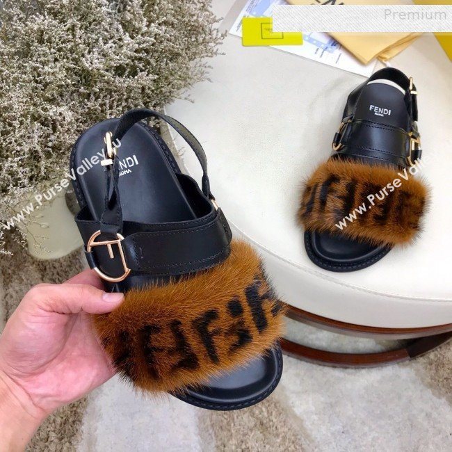 Fendi Logo Print Mink Fur and Calfskin Flat Sandals Brown/Black 2019 (HAUNGZ-9081552)