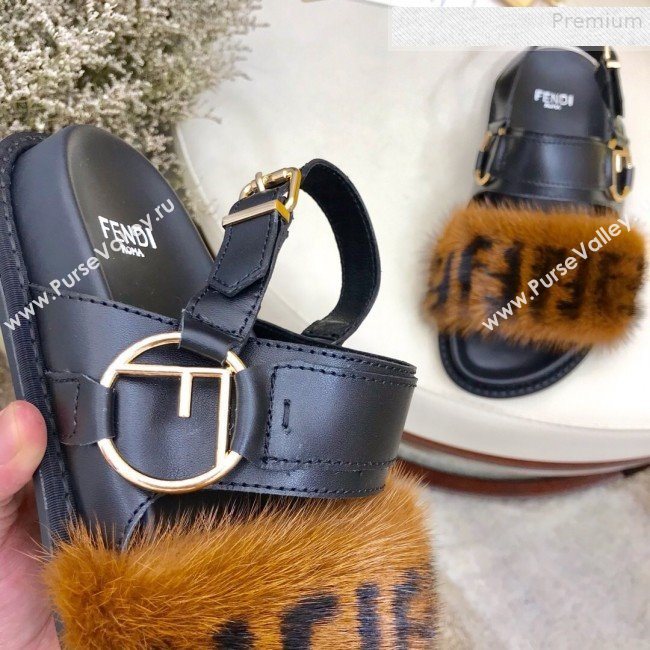 Fendi Logo Print Mink Fur and Calfskin Flat Sandals Brown/Black 2019 (HAUNGZ-9081552)