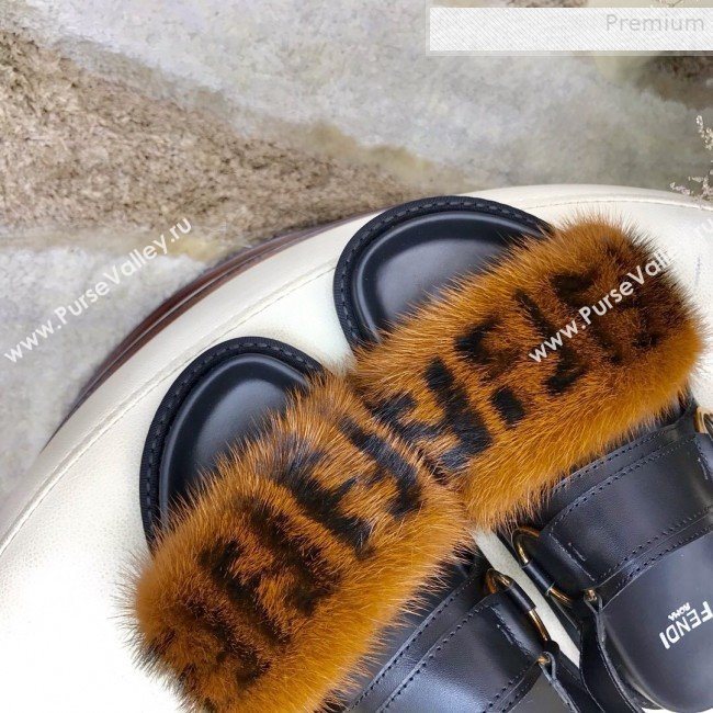 Fendi Logo Print Mink Fur and Calfskin Flat Sandals Brown/Black 2019 (HAUNGZ-9081552)
