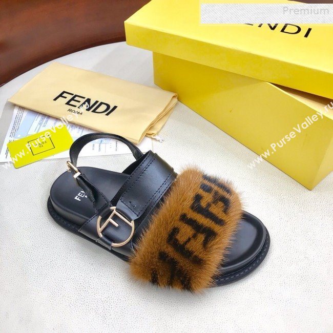 Fendi Logo Print Mink Fur and Calfskin Flat Sandals Brown/Black 2019 (HAUNGZ-9081552)