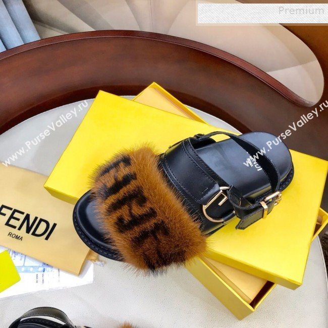 Fendi Logo Print Mink Fur and Calfskin Flat Sandals Brown/Black 2019 (HAUNGZ-9081552)