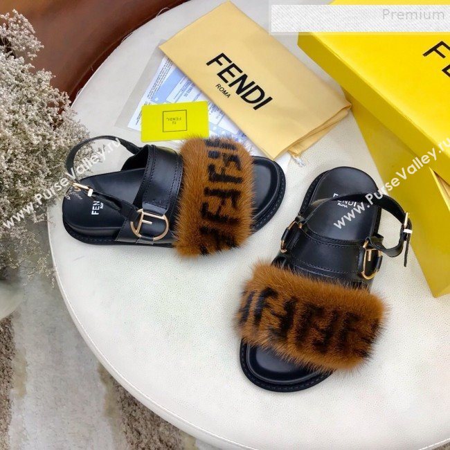 Fendi Logo Print Mink Fur and Calfskin Flat Sandals Brown/Black 2019 (HAUNGZ-9081552)