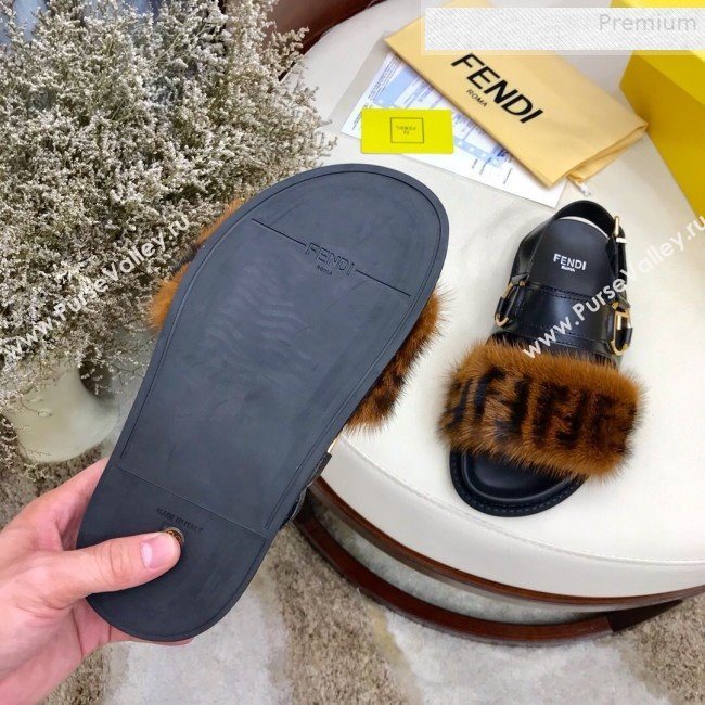 Fendi Logo Print Mink Fur and Calfskin Flat Sandals Brown/Black 2019 (HAUNGZ-9081552)