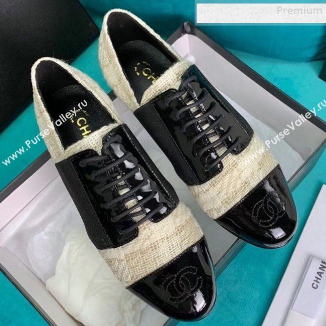 Chanel Tweed and Patent Calfskin Flat Lace-Ups Loafers G34128 Light Beige 2019 (DLY-9081602)