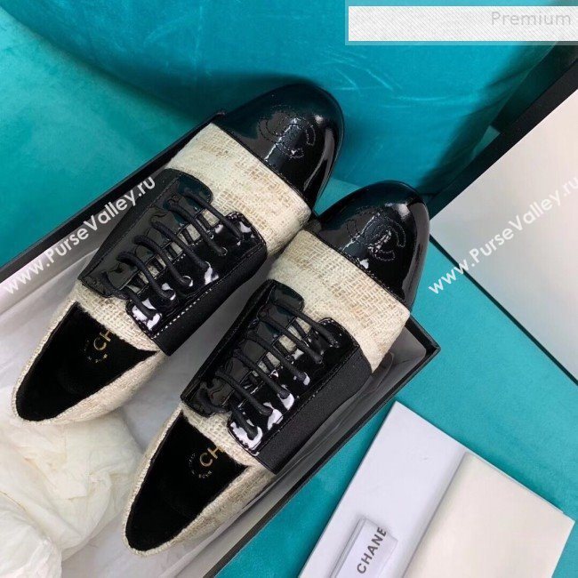 Chanel Tweed and Patent Calfskin Flat Lace-Ups Loafers G34128 Light Beige 2019 (DLY-9081602)