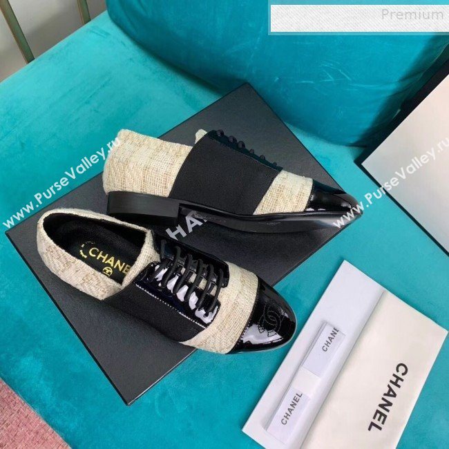 Chanel Tweed and Patent Calfskin Flat Lace-Ups Loafers G34128 Light Beige 2019 (DLY-9081602)