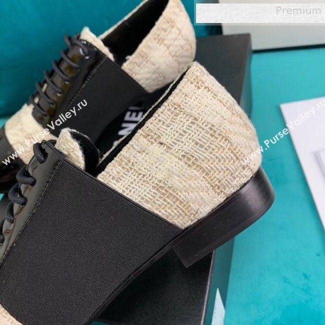 Chanel Tweed and Patent Calfskin Flat Lace-Ups Loafers G34128 Light Beige 2019 (DLY-9081602)