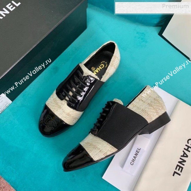 Chanel Tweed and Patent Calfskin Flat Lace-Ups Loafers G34128 Light Beige 2019 (DLY-9081602)
