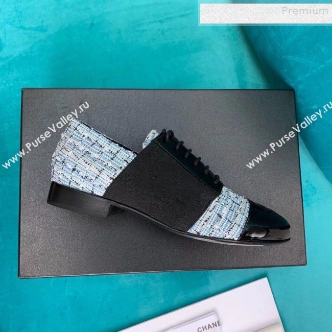 Chanel Tweed and Patent Calfskin Flat Lace-Ups Loafers G34128 Blue 2019 (DLY-9081603)
