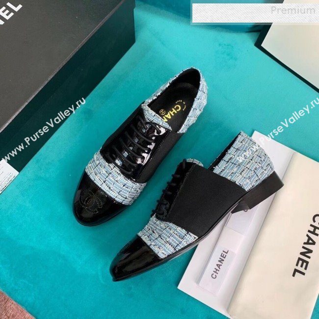 Chanel Tweed and Patent Calfskin Flat Lace-Ups Loafers G34128 Blue 2019 (DLY-9081603)