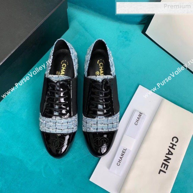 Chanel Tweed and Patent Calfskin Flat Lace-Ups Loafers G34128 Blue 2019 (DLY-9081603)