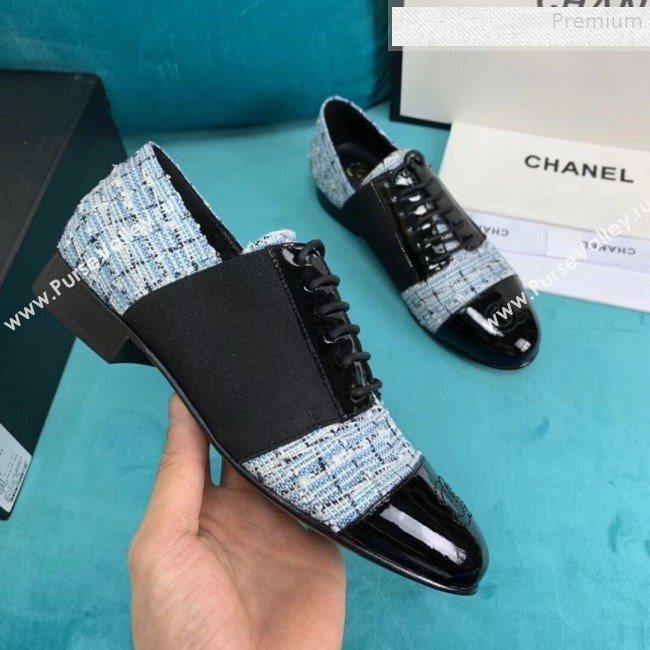 Chanel Tweed and Patent Calfskin Flat Lace-Ups Loafers G34128 Blue 2019 (DLY-9081603)