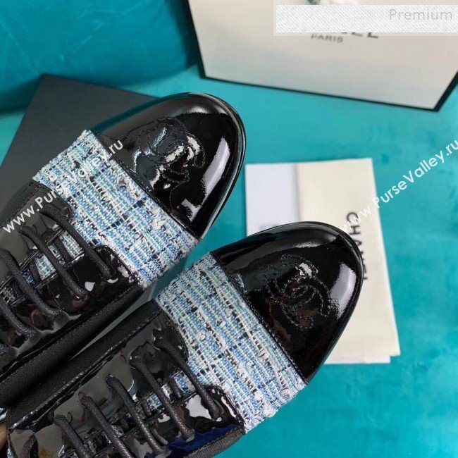 Chanel Tweed and Patent Calfskin Flat Lace-Ups Loafers G34128 Blue 2019 (DLY-9081603)