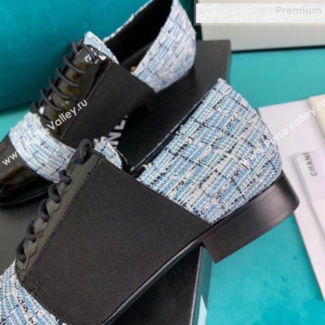 Chanel Tweed and Patent Calfskin Flat Lace-Ups Loafers G34128 Blue 2019 (DLY-9081603)