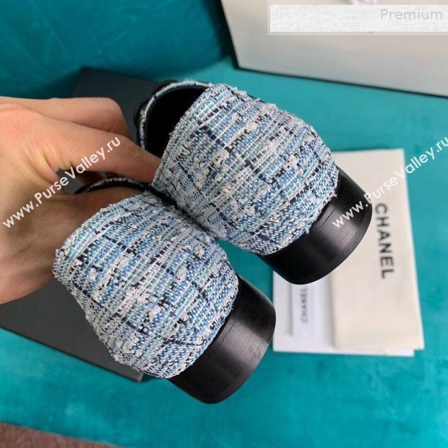 Chanel Tweed and Patent Calfskin Flat Lace-Ups Loafers G34128 Blue 2019 (DLY-9081603)