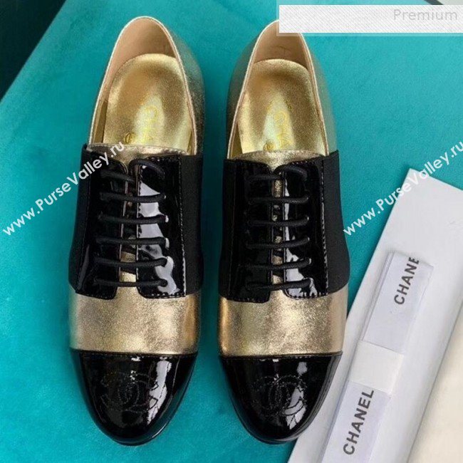 Chanel Metallic and Patent Calfskin Flat Lace-Ups Loafers G34128 Gold 2019 (DLY-9081604)