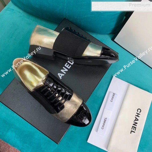 Chanel Metallic and Patent Calfskin Flat Lace-Ups Loafers G34128 Gold 2019 (DLY-9081604)