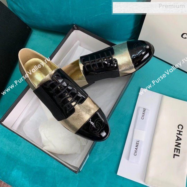 Chanel Metallic and Patent Calfskin Flat Lace-Ups Loafers G34128 Gold 2019 (DLY-9081604)