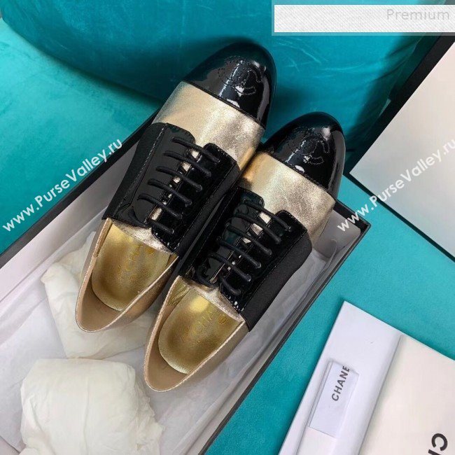 Chanel Metallic and Patent Calfskin Flat Lace-Ups Loafers G34128 Gold 2019 (DLY-9081604)