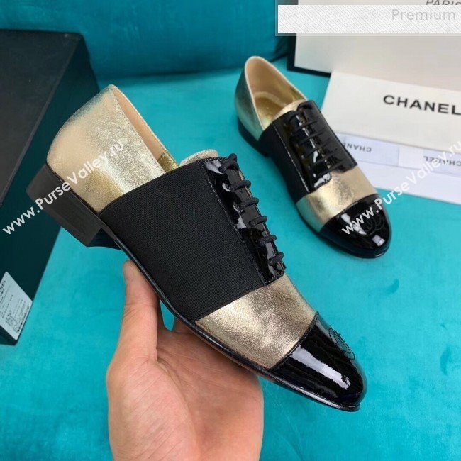 Chanel Metallic and Patent Calfskin Flat Lace-Ups Loafers G34128 Gold 2019 (DLY-9081604)