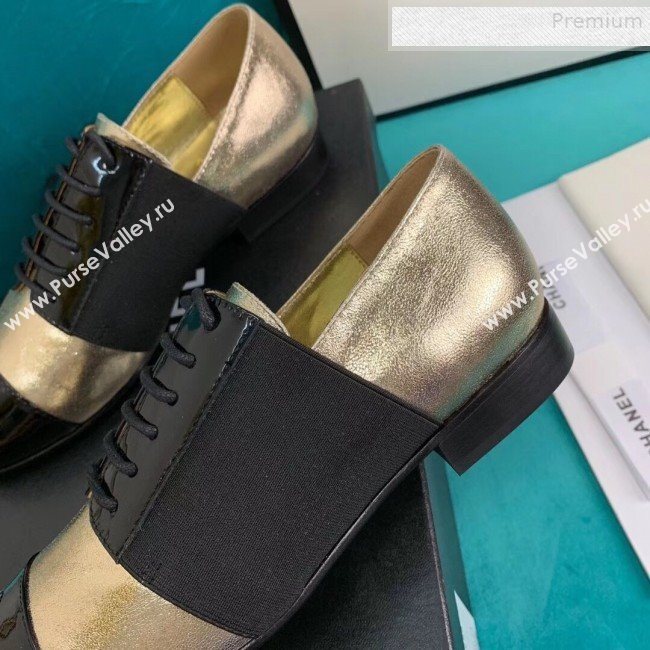 Chanel Metallic and Patent Calfskin Flat Lace-Ups Loafers G34128 Gold 2019 (DLY-9081604)